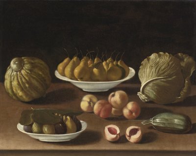 Naturaleza muerta con peras, duraznos, higos, un melón, repollo y calabacín de Paolo Antonio Barbieri