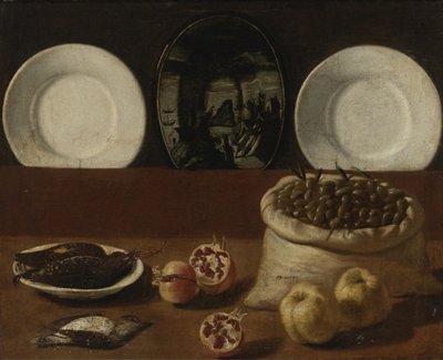 Naturaleza muerta con platos, un saco lleno de aceitunas, caza, granadas y membrillo de Paolo Antonio Barbieri