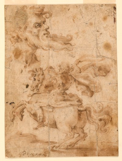 Dibujo, La cabeza de un barbudo, un hombre a caballo, ca. 1650 de Paolo Emilio Besenzi