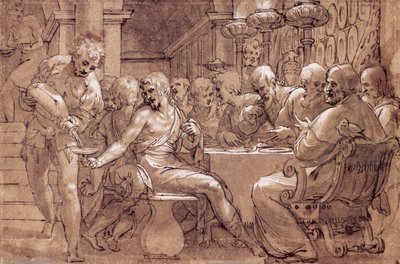 La cena de San Gregorio, dibujo de Paolo Farinati (1524-1606), acuarela parda, pluma, mina blanca y lápiz negro, Italia de Paolo Farinati