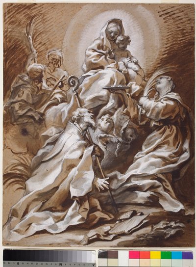 La Virgen y el Niño en la gloria con los santos Fortunato, Nicolás, Santiago y Cristóbal de Paolo Gerolamo Piola