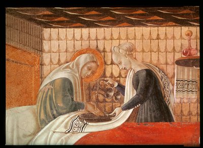 Nacimiento de la Virgen, detalle de Santa Ana y una asistente de Paolo Uccello
