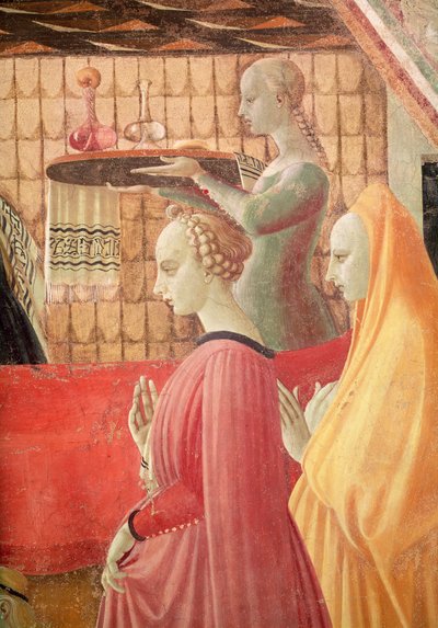 Nacimiento de la Virgen, detalle de una sirvienta y dos asistentes de Paolo Uccello