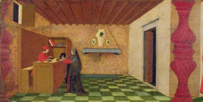 Predela de la Profanación de la Hostia: La mujer cristiana obligada a rescatar su manto a precio de la hostia consagrada por un prestamista judío, c.1467-69 (temple sobre tabla) (detalle) de Paolo Uccello