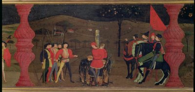 Predela de la Profanación de la Hostia: El prestamista judío y su familia quemados en la hoguera por asar la hostia consagrada, c.1468 (temple sobre tabla) (detalle) de Paolo Uccello
