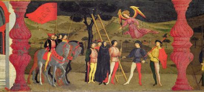 Predela de la profanación de la hostia: La mujer cristiana arrepentida es ahorcada por empeñar la hostia consagrada, c.1468 (temple sobre tabla) (detalle) de Paolo Uccello