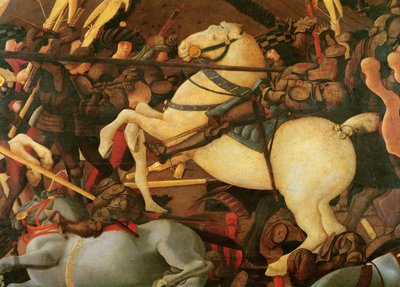 La Batalla de San Romano (detalle de Bernardino della Ciarda cayendo de su caballo) de Paolo Uccello