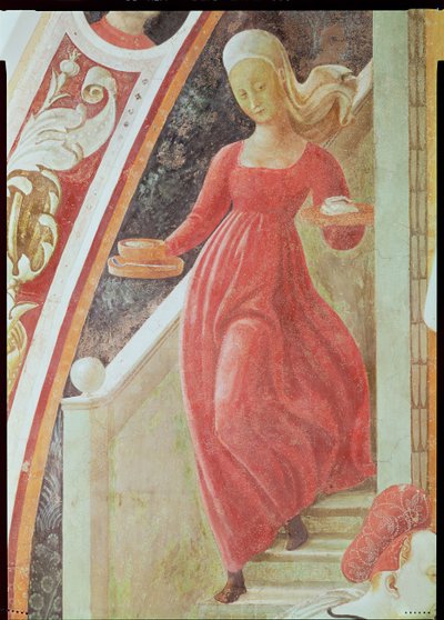 El Nacimiento de la Virgen, una sirvienta bajando una escalera, del ciclo de frescos de Las Vidas de la Virgen y San Esteban (detalle) de Paolo Uccello