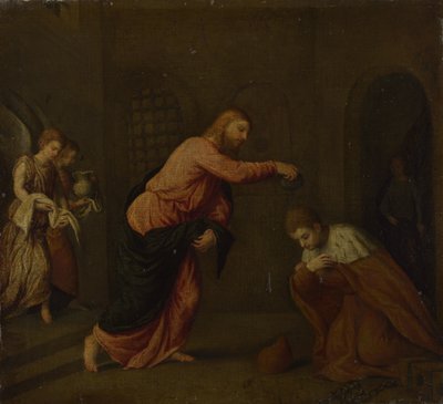 Cristo bautizando a San Juan el Mártir de Alejandría, c. 1565 de Paris Bordone