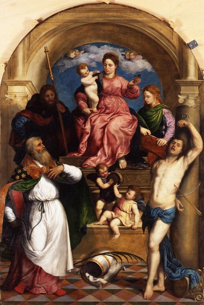 Virgen con el Niño entronizado y santos de Paris Bordone