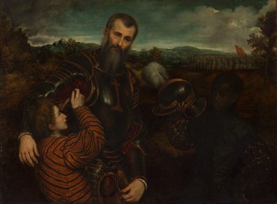 Retrato de un hombre en armadura con dos pajes de Paris Bordone