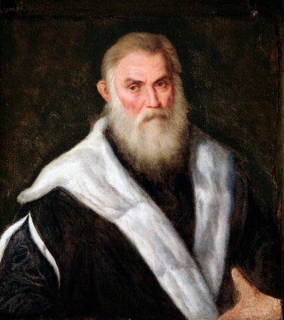 Retrato de un anciano con abrigo de piel. Pintura de Paris Bordon (1500-1571) siglo XVI. Dim 70x62 cm. Génova Musei di Strada Nuova (ex Palazzo Rosso) de Paris Bordone