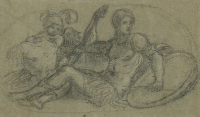 Figura masculina sentada con putto y armadura de Paris Bordone