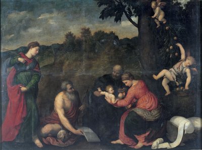La Sagrada Familia con San Jerónimo, Santa Catalina de Alejandría y Ángeles de Paris Bordone