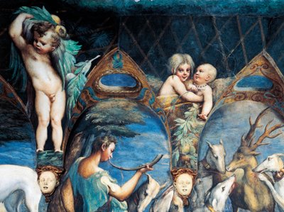 Acteón atacado por perros, detalle del Mito de Diana y Acteón, hacia 1524, de Francesco Mazzola, conocido como Parmigianino (1503-1540), fresco, Sala de Diana y Acteón, Rocca Sanvitale, Fontanellato, cerca de Parma, Emilia -Romaña, Italia de Parmigianino (1503 40)