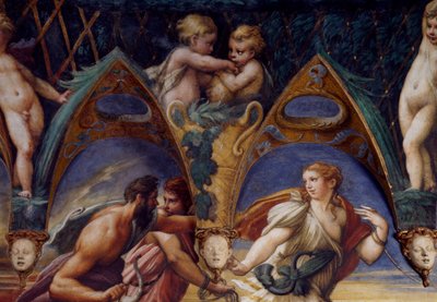 Acteón con sus compañeros (detalle) del Mito de Diana y Acteón, circa 1524 de Parmigianino