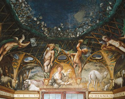Ceres asistiendo a eventos rodeada de perros de caza y querubines, del Mito de Diana y Acteón de Parmigianino