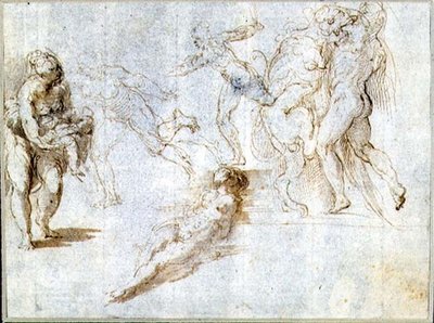Estudios de Figuras: Mujer Sosteniendo un Bebé; Hombre Perseguido por Otro; Mujer Desnuda Tumbada en el Suelo; Hércules y el León de Nemea de Parmigianino