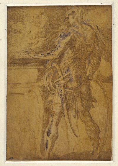 Mucius Scaevola metiendo la mano en las llamas (punta de metal sobre fondo amarillento, tocado con color de cuerpo blanco sobre papel) de Parmigianino (1503 40)