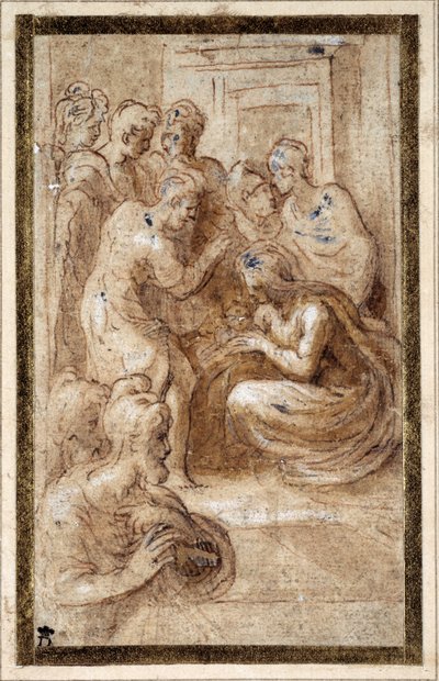 Adoración de la Sagrada Familia en un interior de Parmigianino 