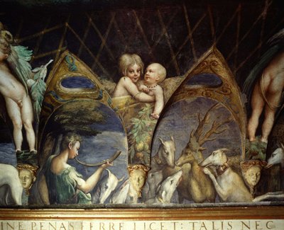 (detalle) de un fresco de la sala de Diana (Artemisa) y Acteón por Francesco Mazzola llamado Le Parmesan para Paola Gonzaga y Galeazzo Sanvitale. Representa una ninfa tocando el cuerno así como querubines y putti. Acteón es un ciervo de Parmigianino
