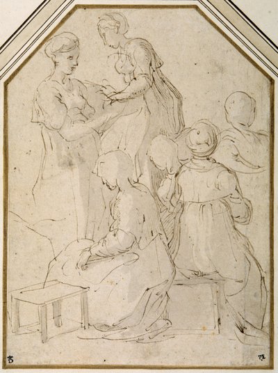 Grupo doméstico, dos mujeres de pie y cuatro sentadas de Parmigianino