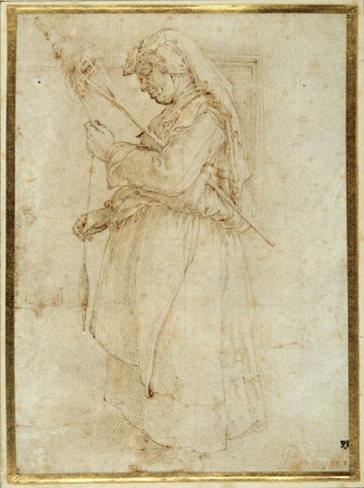 Anciana con una rueca, de pie ante una chimenea de Parmigianino