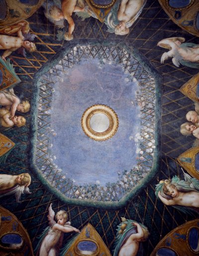Putti y vislumbre del cielo, circa 1524, por Francesco Mazzola, conocido como Parmigianino (1503-1540), fresco, bóveda de la Sala de Diana y Acteón, Rocca Sanvitale, Fontanellato, cerca de Parma, Emilia-Romaña, (detalle) de Parmigianino