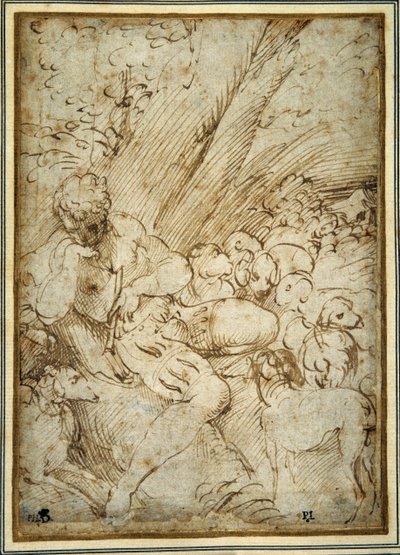 Pastor sosteniendo una pipa, descansando bajo un árbol con su perro entre su rebaño de Parmigianino