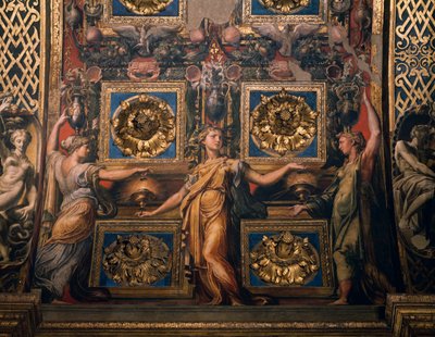 Tres vírgenes sabias, (detalle) de Tres vírgenes sabias y tres vírgenes necias, por Francesco Mazzola conocido como Il Parmigianino, fresco, parte inferior del arco del presbiterio, Santuario de Santa Maria della Steccata, Parma, Emilia-Romaña, Italia de Parmigianino