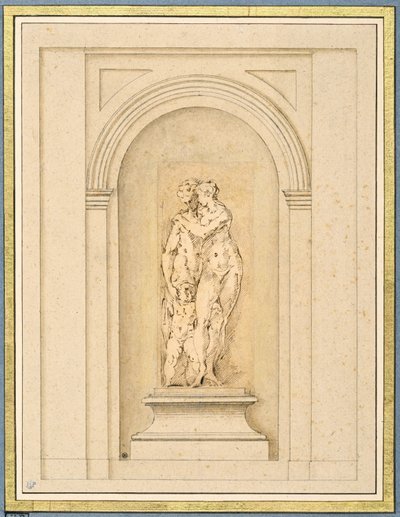 Dos figuras y un cupido rodeados de un marco arquitectónico posterior. de Parmigianino