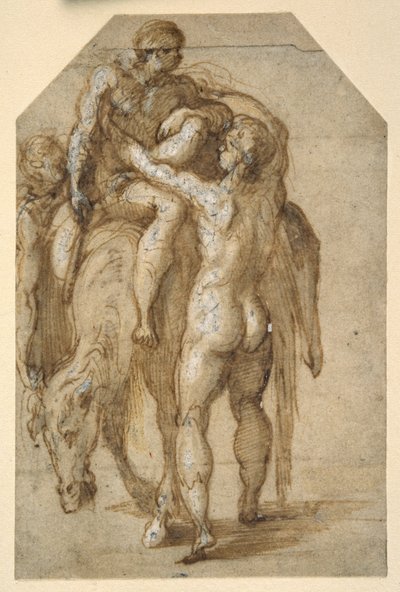 Dos hombres desnudos levantando a un hombre enfermo de un caballo cansado de Parmigianino