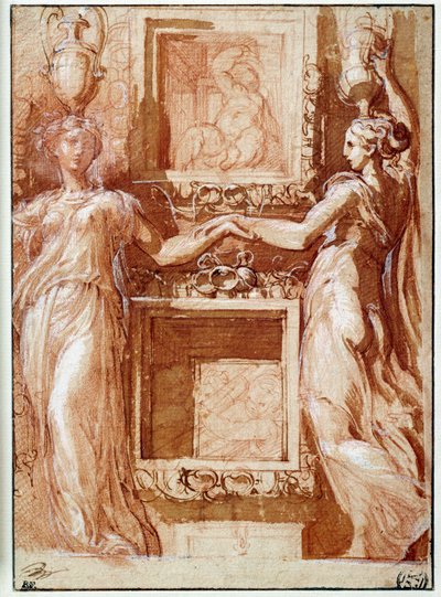 Dos canéforas dando la mano, a ambos lados de cajas. Dibujo en tinta, lavado, sangre y solapas blancas por Girolamo Francesco Maria Mazzola dit Parmigianino o Le Parmesan de Parmigianino