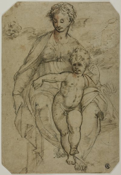 Virgen y Niño (recto); Boceto de tres santos y boceto de caricatura (verso) de Parmigianino