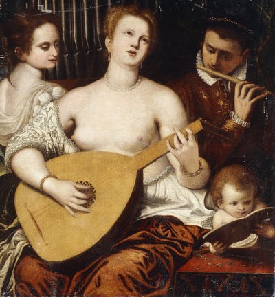 Dos chicas y un joven haciendo música de Parrasio Micheli
