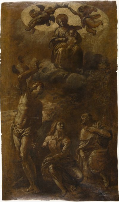 La Virgen y el Niño en la Gloria con los santos Sebastián, Juan Evangelista y Roque, c.1610 (óleo con grafito (barnizado) sobre papel verjurado crema) de Pasquale Ottino