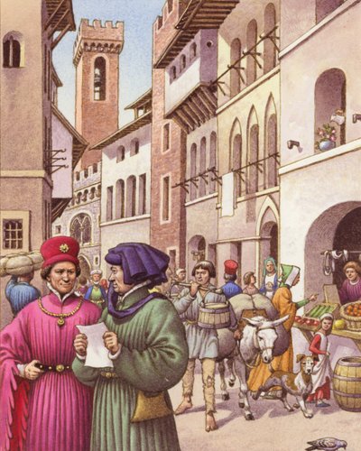 Una escena callejera típica de Florencia a principios del siglo XV (gouache sobre papel) de Pat (1907-95) Nicolle