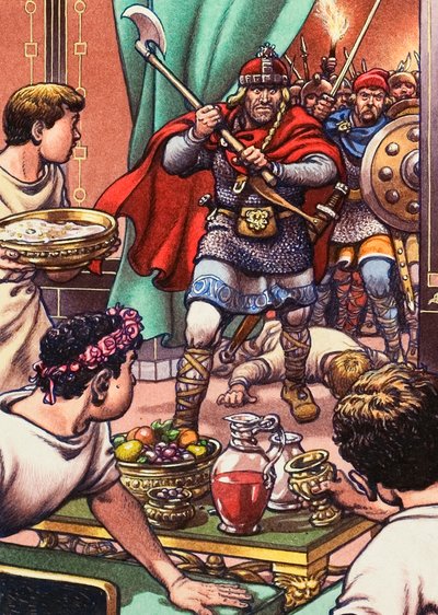Bárbaros invadiendo una cena romano-británica de Pat (1907-95) Nicolle