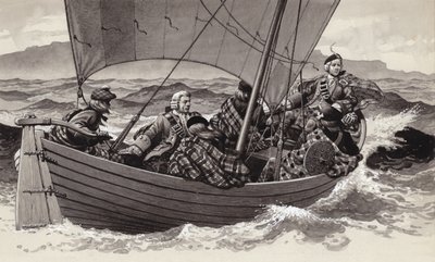 Bonnie Prince Charlie parte hacia la isla de Skye (gouache sobre papel) de Pat (1907-95) Nicolle