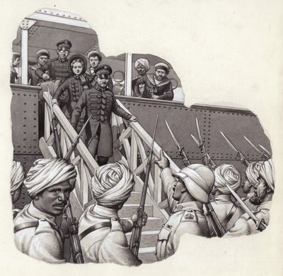 Frederick Tucker, del Ejército de Salvación, llega a Bombay (gouache sobre papel) de Pat (1907-95) Nicolle