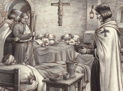 Godofredo de Bouillon observa a los monjes benedictinos atendiendo a los heridos (gouache sobre papel) de Pat (1907-95) Nicolle