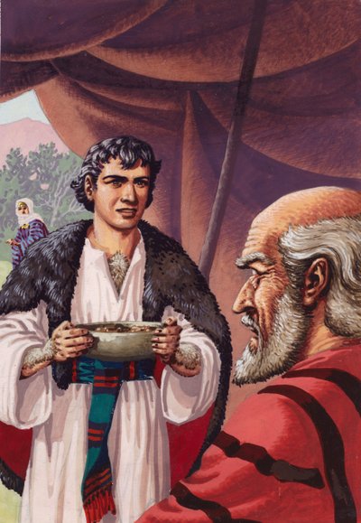 Jacob, disfrazado, llevando un plato de carne de ciervo caliente a su padre Isaac (gouache sobre papel) de Pat (1907-95) Nicolle
