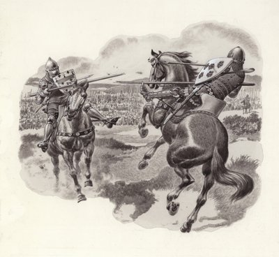 Caballeros en la batalla de Poitiers (gouache sobre papel) de Pat (1907-95) Nicolle