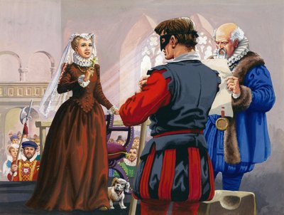 María, reina de Escocia, a punto de ser decapitada en el castillo de Fotheringay (gouache sobre papel) de Pat (1907-95) Nicolle