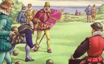 Sir Francis Drake jugando a los bolos antes de la llegada de la Armada española (gouache sobre papel) de Pat (1907-95) Nicolle
