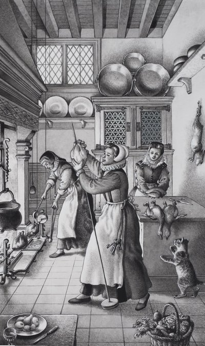 Cocina del siglo XVI (gouache sobre papel) de Pat (1907-95) Nicolle