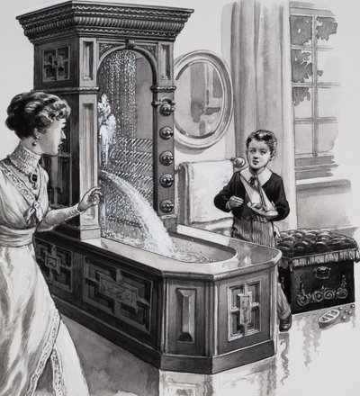 El baño victoriano (gouache sobre papel) de Pat (1907-95) Nicolle