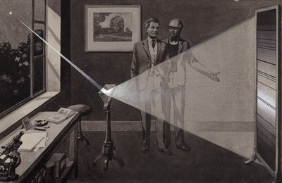 La luz de una estrella incide en un prisma, dividiéndose en un arco iris de colores (gouache sobre papel) de Pat (1907-95) Nicolle