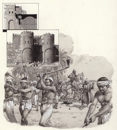 Las obras de las primeras murallas de El Cairo comenzaron en 969 d.C. (gouache sobre papel) de Pat (1907-95) Nicolle