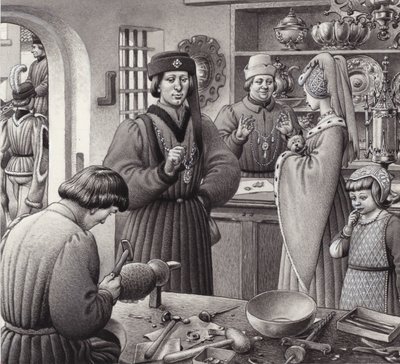 Una orfebrería en la Italia del siglo XV (gouache sobre papel) de Pat (1907-95) Nicolle